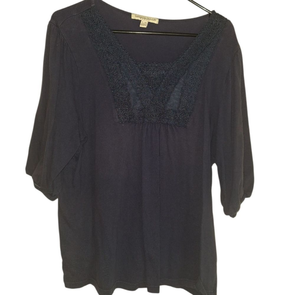 Elegant Navy Blue Women's Top With Embroidered Neckline